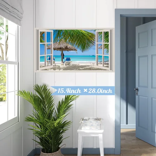Vista 6 de Adhesivo de pared de playa 3D falso para ventanas, calcomanías de pared de paisaje marino de playa, calcomanías extraíbles 3D para paredes de Blue
