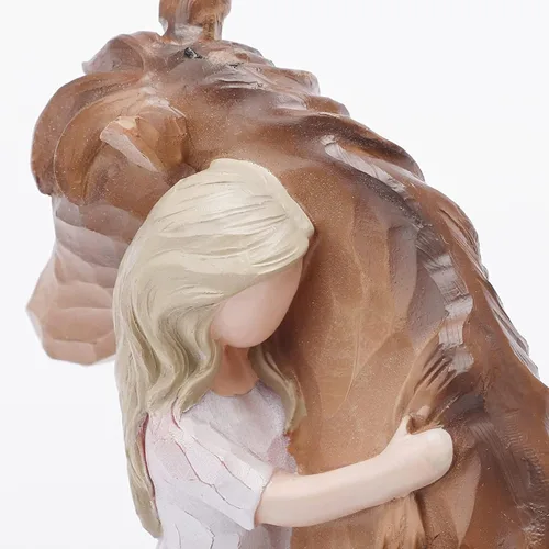 Vista 7 de Estatua de niña abrazando un caballo decorativa - Figura esculpida pintada a mano, regalos para mujeres y amantes de los caballos - Figura
