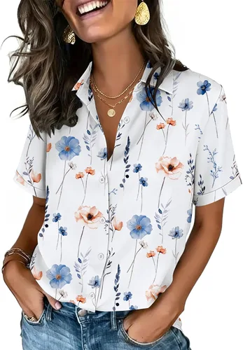 Vista 28 de Zeagoo Camisas con botones para mujer, de manga corta, cuello en V, elegantes y casuales