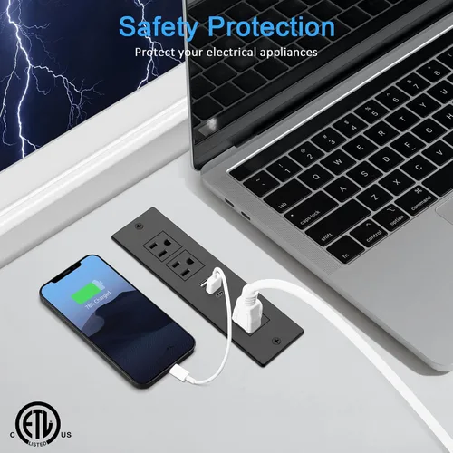 Vista 3 de Regleta de alimentación empotrada, tomacorriente de cajón para muebles con USB-C PD de 20W y USB-A QC3.0 de 18W, enchufe en 3 salidas y puertos USB
