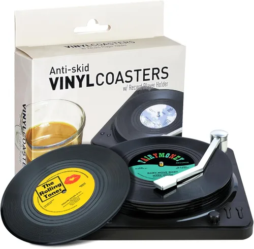 Vista 8 de Divertidos posavasos retro de discos para bebidas con soporte para reproductor de vinilo para amantes de la música, juego de 6 posavasos