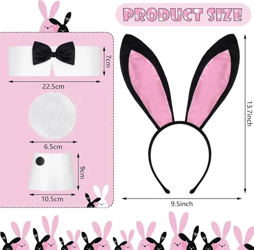 Vista 4 de WILLBOND 10 piezas de disfraz de conejo para mujer, diadema de orejas de conejo, collar de conejo, corbatín, puños y cola, juego de regalo