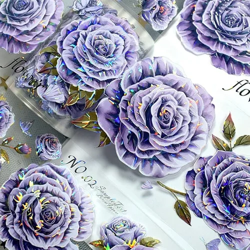 Vista 2 de Cinta washi de rosa para collage original de flores, creatividad, hecha a mano, para libro de diario, material PET con efecto láser (90387)