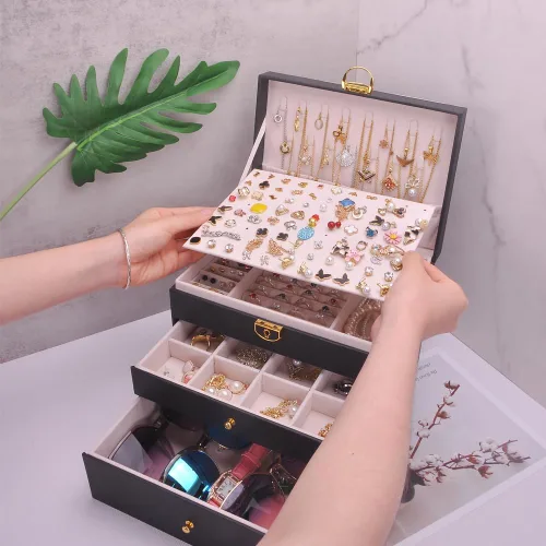 Vista 4 de Joyero para mujeres y niñas, soporte para aretes, collar de cuero de PVC, organizador de joyas, anillos, estuche de almacenamiento, con cerradura