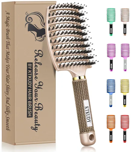 Vista 21 de KTKUDY Cepillo para desenredar con cerdas de jabalí, cepillo para hacer el cabello más brillante y saludable, cepillo desenredante curvo y ventilado
