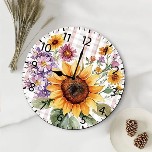 Vista 4 de Reloj de pared de madera de girasol, relojes de pared de granja, funciona con pilas, reloj de pared analógico de 10 pulgadas, reloj de pared