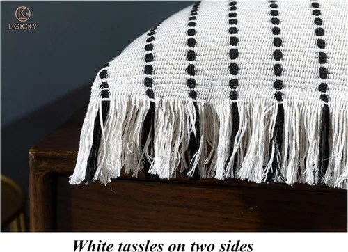 Vista 5 de LIGICKY Fundas de almohada decorativas para el hogar, estilo bohemio, con borlas, cuadradas, de algodón, a rayas, para sofá, dormitorio, sala