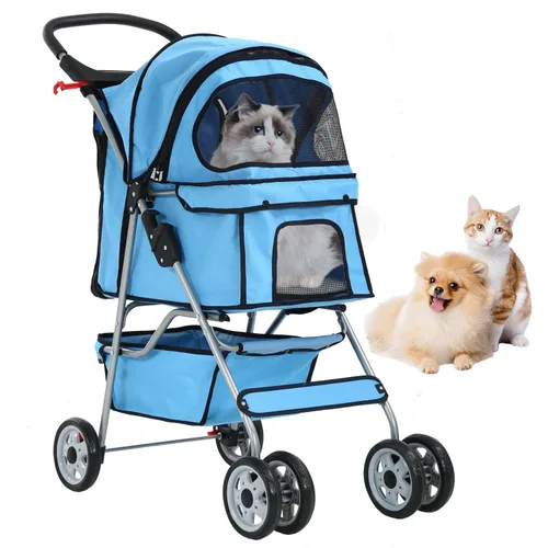 Vista 8 de Cochecito de perro de 4 ruedas, cochecito para mascotas, gatos, plegable, impermeable, con soporte para tazas y forro extraíble, cochecitos
