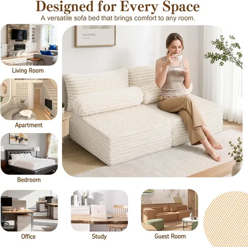 Vista 4 de MeMoreCool Convertible Sofa Bed, Folding Floor Couch with Pillows, Corduroy Pull Out Sleeper Couch Bed Queen, Fold Out Futon for Bedroom, Living