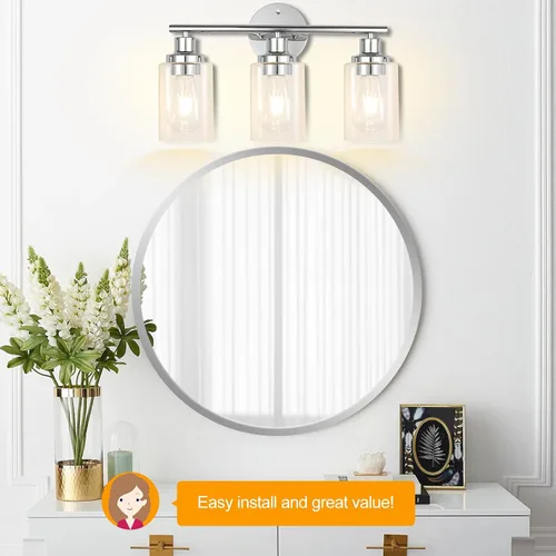 Vista 5 de Accesorios de Iluminación de Baño Watyo, Lámpara de Tocador Cromada, Plata, 3 Luces, Apliques Modernos para Baño con Pantallas de Vidrio