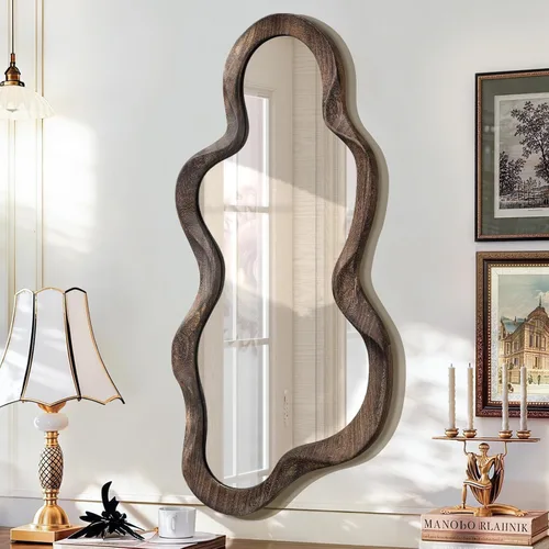 Vista 9 de Espejo asimétrico para decoración de pared, grande, moderno, ondulado, con marco de madera, espejo de pared con forma única montado en pared