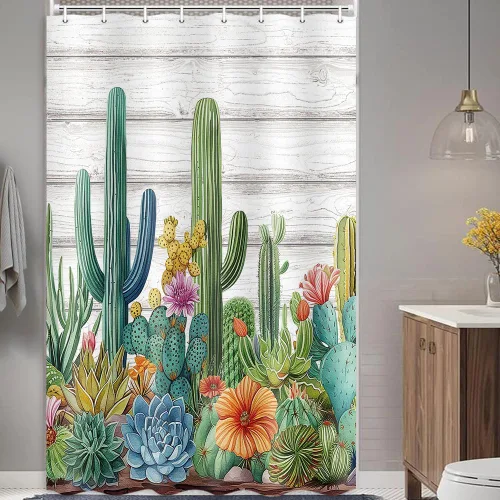 Vista 2 de Cortina de ducha de cactus, plantas tropicales, hojas verdes, suculentas, cactus rosas, rústico, gris, decoración de puerta de granero de madera