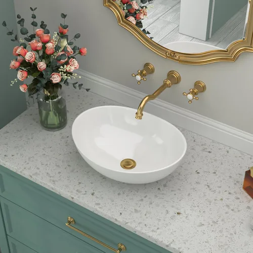 Vista 16 de Fregadero redondo de cerámica blanca de 13 pulgadas con forma ovalada de porcelana sobre mostrador, fregadero de arte moderno Beslend 13 Inch
