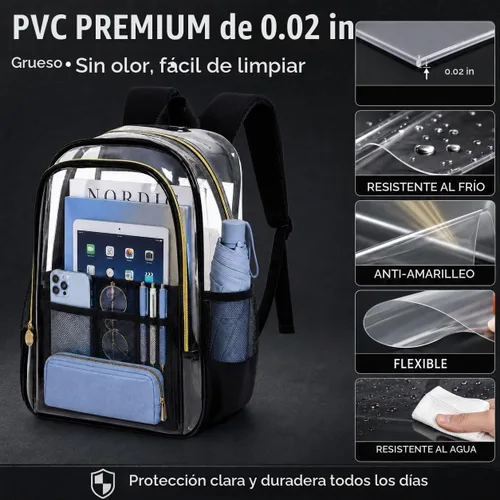 Vista 5 de Mochila transparente resistente para libros, mochila escolar traslúcida Mochila Chic Negra Transparente