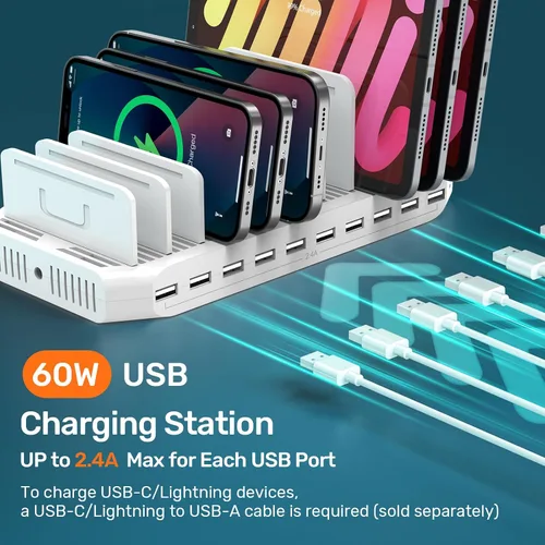 Vista 2 de Alxum Estación de carga múltiple, estación de carga USB de 10 puertos para múltiples dispositivos, base de carga de 60 W, 10 puertos, compatible