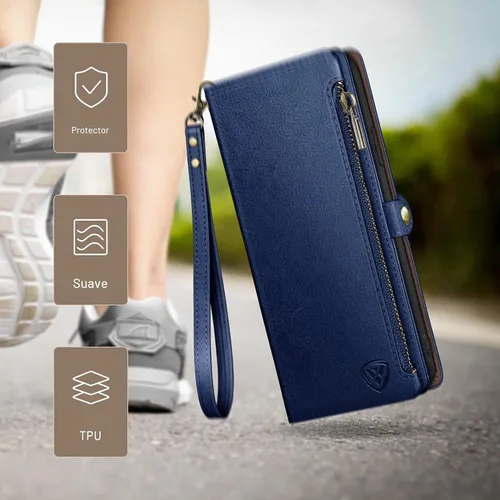 Vista 6 de XcaseBar Funda tipo cartera compatible con iPhone 11 de 6.1 pulgadas con cremallera y tarjetero de crédito con bloqueo RFID, funda de piel sintética