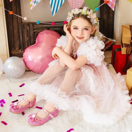 Vista 3 de Furdeour Zapatos de vestir para niñas, zapatos de princesa Mary Jane para bodas, flores, damas de honor, tacones con purpurina para niños pequeños