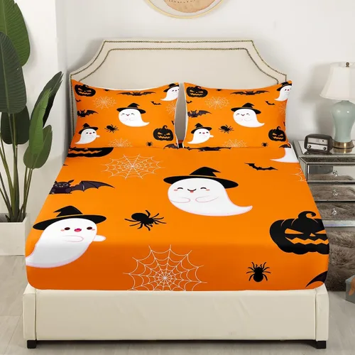 Vista 3 de Erosebridal Divertida sábana bajera ajustable de Halloween para niños, lindo juego de ropa de cama de calabaza fantasma, decoración de Halloween