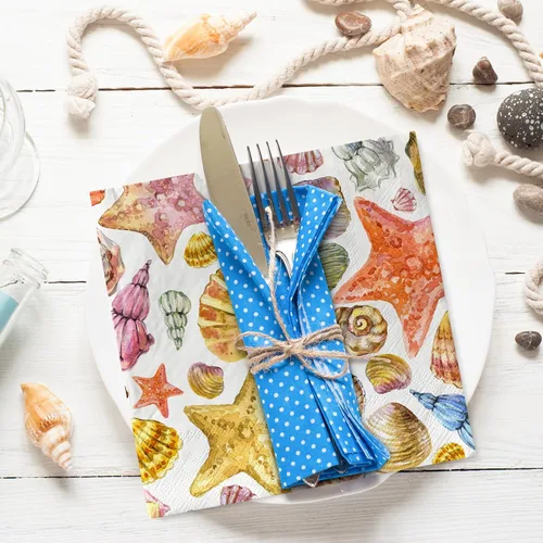Vista 4 de AnyDesign 80 servilletas de papel de concha de mar, servilletas de almuerzo de concha de océano tropical para verano, postres náuticos, cena
