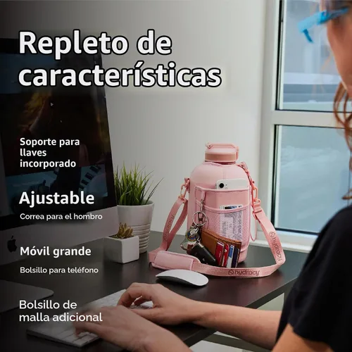Vista 4 de Hydracy Botella de agua motivacional con marcador de tiempo y tapa con Oro Rosa