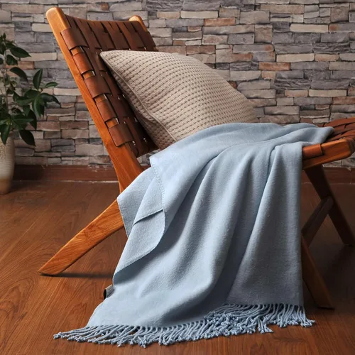 Vista 3 de CUDDLE DREAMS Manta de Seda con Flecos Anudados a Mano, Natural, Suave y Transpirable (Azul)