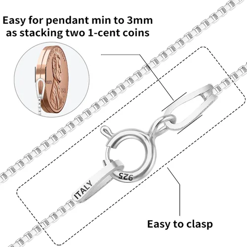 Vista 6 de ASHINE 925 Sterling Silver Box Chain Necklace for Women, 1mm 0.8mm Replacement Link Chain for Pendants, Dainty & Sturdy Necklace Available in 16-36