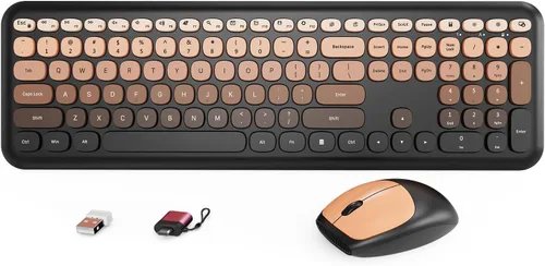 Vista 10 de HotFox Combo de Teclado y Ratón Inalámbrico, Teclado Retro de Máquina de Escribir de Tamaño Completo con Keycaps Redondos, Diseño Ergonómico para PC