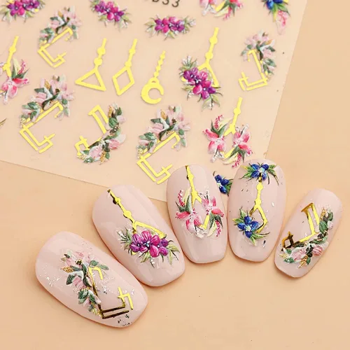 Vista 7 de Calcomanías de uñas bronceadas en relieve 5D, 3 hojas de flores de primavera, hierba, pájaro, calcomanías de arte de uñas, accesorios de uñas
