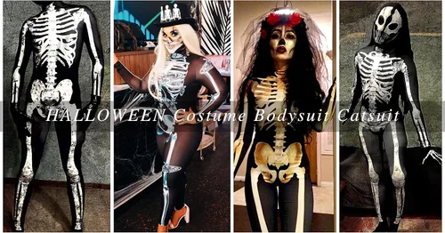 Vista 5 de Fixmatti - Disfraz de fiesta de Halloween para mujer, traje de manga larga con estampado de calavera