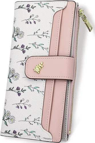 Vista 21 de Farcauo Billetera para mujer, billetera delgada para mujer, linda cartera delgada Kawaii con flores para mujer, tarjetero para mujer, Cartera