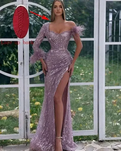 Vista 2 de Vestidos de fiesta de lentejuelas brillantes para mujer, vestido formal de sirena con plumas, vestido formal de un hombro y manga larga, vestidos