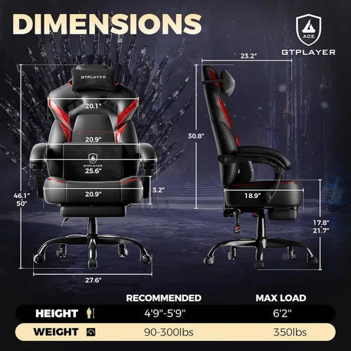 Vista 2 de GTPLAYER Silla de juegos grande y alta para adultos, silla de oficina ergonómica con reposapiés, capacidad resistente de 350 libras, respaldo alto