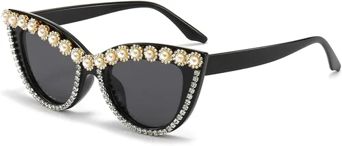 Vista 8 de LJCZKA Diamond Cat Eye Sunglasses Women Retro Jeweled Rhinestone Sun Glasses Sparkle Crystal Pearl Luxury Bling Eyewear