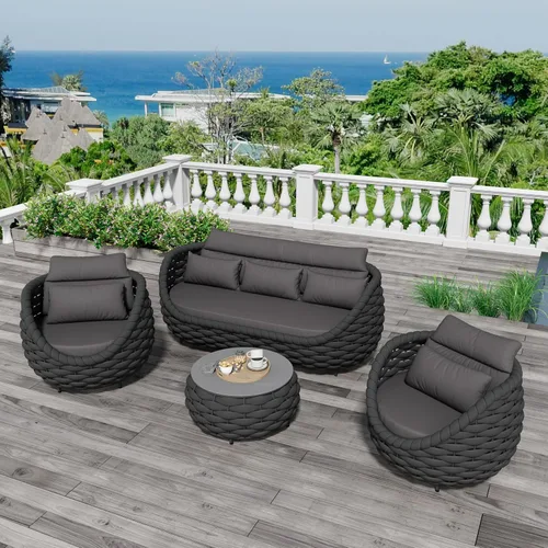 Vista 35 de Juego de muebles de patio de aluminio de 3 piezas: cuerda tejida a mano para conversación al aire libre, juego de 2 cojines modernos montados, juego