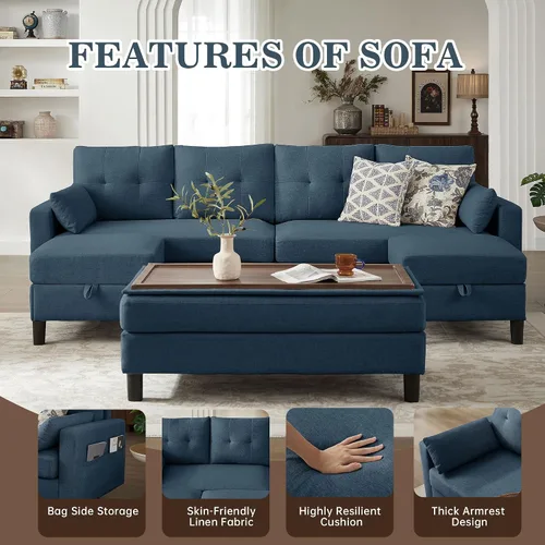 Vista 5 de Sofá Seccional Convertible de 101" con Mesa de Centro Otomana, Sofá Moderno de Tela de Lino en Forma de U con Bolsillo de Almacenamiento, Sofá Azul
