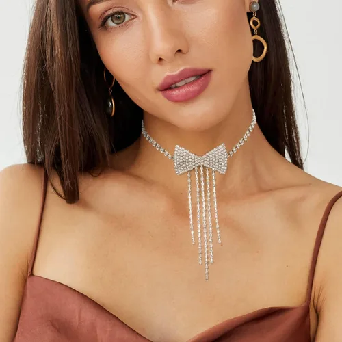 Vista 4 de ELABEST Collar con lazo de diamantes de imitación, gargantilla de borla brillante, pajarita, cadena de tenis, fiesta, discoteca, joyería para mujeres