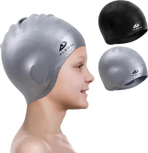 Vista 8 de 2 Pack Kids Swim Caps for Boys Girls, Durable Silicone Swimming Cap with 3D Ear Pockets for Age 3-15 Toddler Child Youth Teen, Unisex Swim Bath Hats