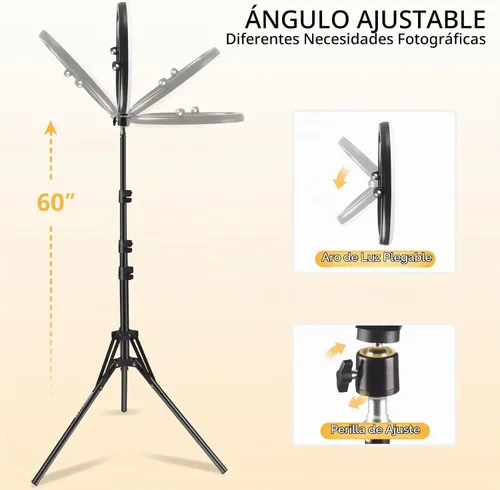 Vista 2 de Anillo de luz para selfie de 12 pulgadas con trípode de 59 pulgadas y soporte para teléfono, luces circulares LED regulables, anillo de luz