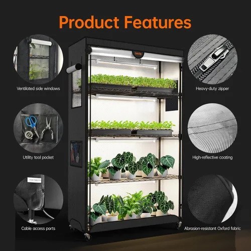 Vista 3 de Bstrip Invernadero interior con luz de cultivo, estante para plantas con tienda de cultivo de tela Oxford, gabinete de invernadero