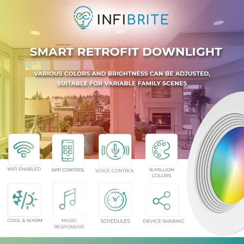 Vista 2 de INFIBRITE Luz empotrable inteligente de 4 pulgadas, cambio de color y blanco sintonizable, base LED E26 con reequipamiento WiFi, sin concentrador