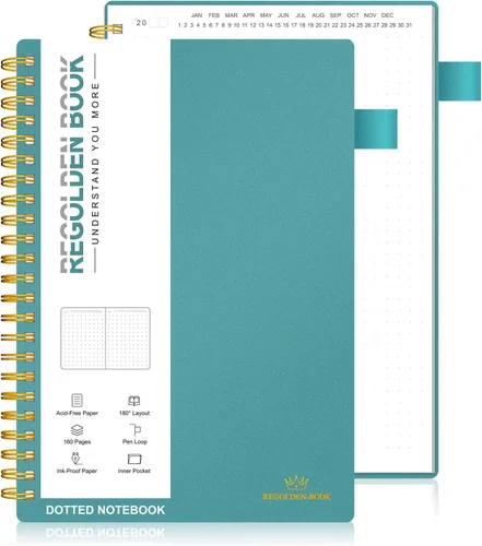 Vista 9 de Regolden-Book Cuaderno en espiral sin fecha de puntos, tamaño A5, cuaderno de diario con cuadrícula media, cuaderno espiral grueso con portapluma