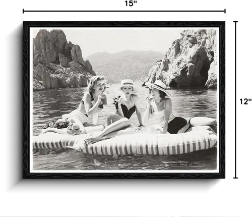Vista 8 de Decoración de cocina, decoración de comedor para mujeres que tienen picnic en el lago, arte de pared en blanco y negro, arte moderno en lienzo