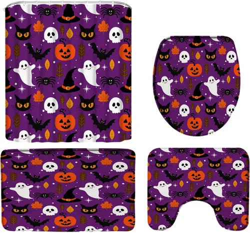 Vista 4 de 4PC Blue Halloween Shower Curtain Set Cute Ghost Horror Pumpkin Spooky Cat Scary Skull Bat Magic Witch Hat Gothic Spider Web Bath Rug with U-Shaped