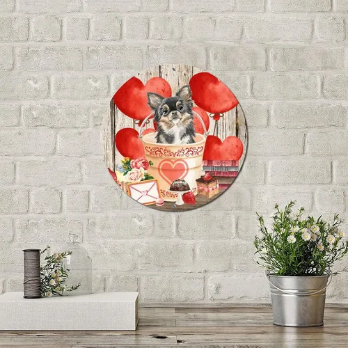 Vista 4 de Placa redonda de metal para el día de San Valentín, rosas y globos de corazón de amor, letrero clásico de corona para el hogar, impresiones