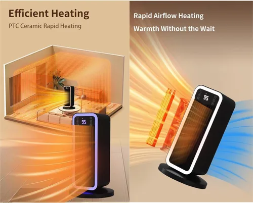 Vista 5 de Calentador de espacio, calentador PTC de 1500 W con sistema de termostato ECO, temporizador oscilante de 70°, temporizador de 12 horas, calentadores