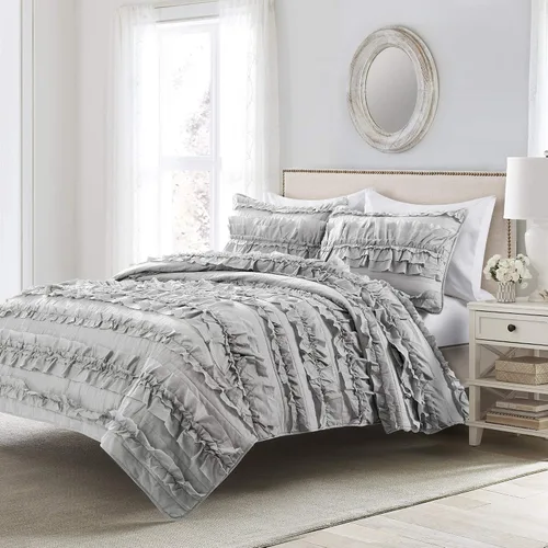 Vista 11 de Lush Decor Belle - Juego de cama de 4 piezas con falda de cama y 2 fundas de almohada, juego de edredón King, color blanco