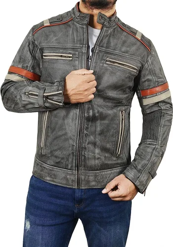 Vista 3 de Spazeup Cafe Racer Chaqueta Vintage Motocicleta Retro Moto Chaqueta de cuero envejecido Chaqueta de motocicleta desgastada para hombre, Retro 2