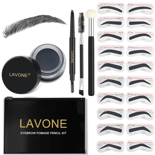 Vista 14 de LAVONE Kit de plantillas para cejas, trío de sellos para cejas con lápiz impermeable, pomada, 20 plantillas, cepillo de doble punta y aplicador