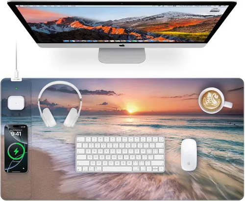 Vista 17 de Alfombrilla magnética de carga inalámbrica para mouse, 27.5 x 11.8 pulgadas, tapete de escritorio para juegos con bordes cosidos superiores, base