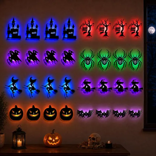 Vista 8 de 16 luces LED de pared de Halloween, decoraciones de silueta de murciélago 16pcs